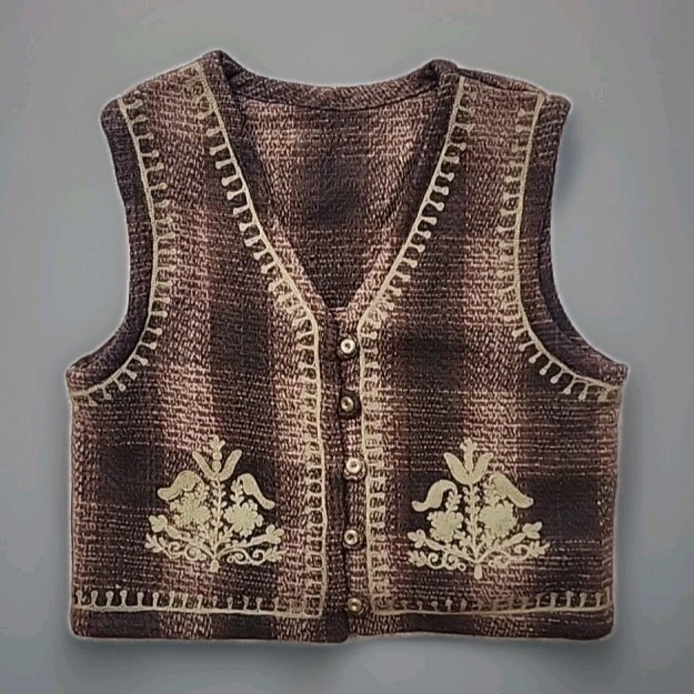 Compagnie Internationale Express Wool Folk Vest Women's L Brown Vintage Enbroder